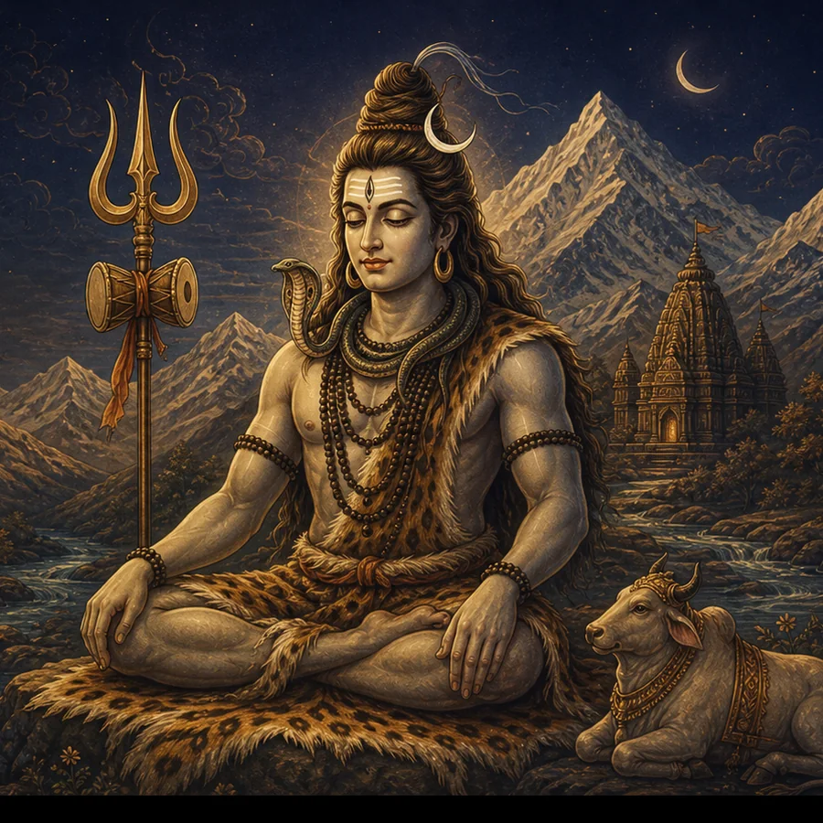 Lord Shiva meditating with trishula, damaru, crescent moon and Nandi
