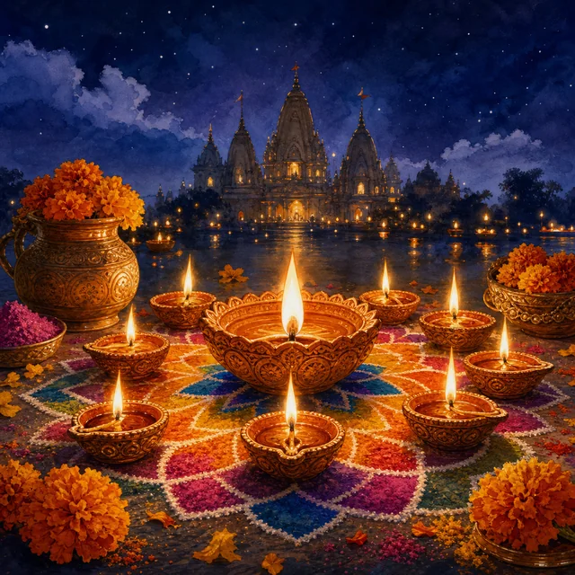 Lit oil lamps