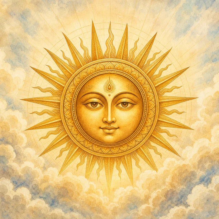 Traditional golden sun illustration for the Gayatri Mantra
